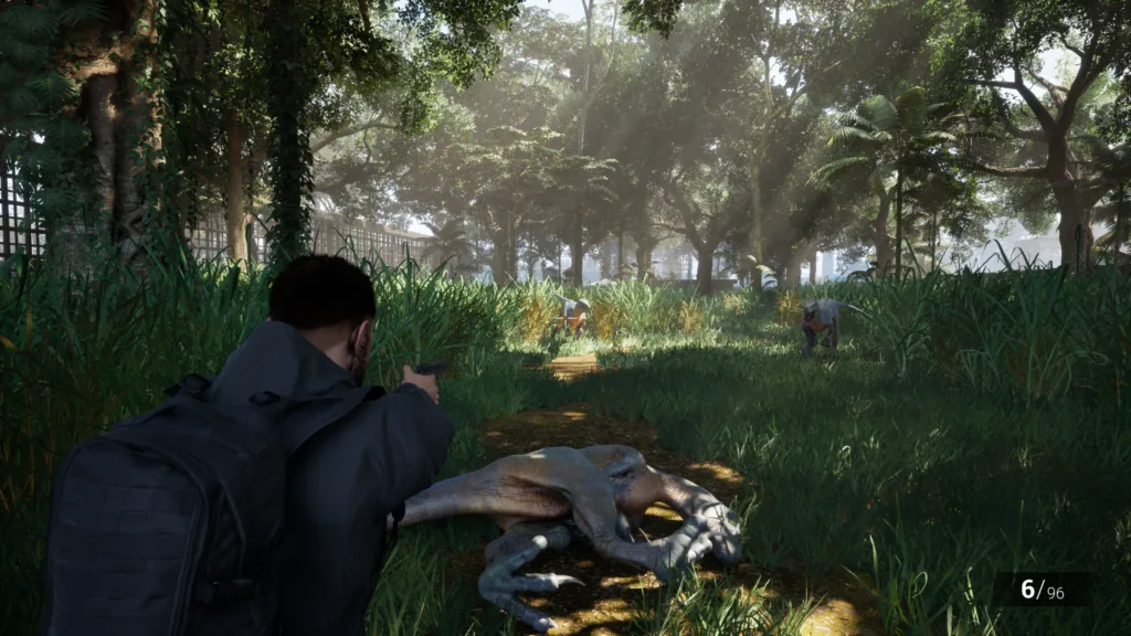 A player aims at raptors moving through tall grass in Clawed